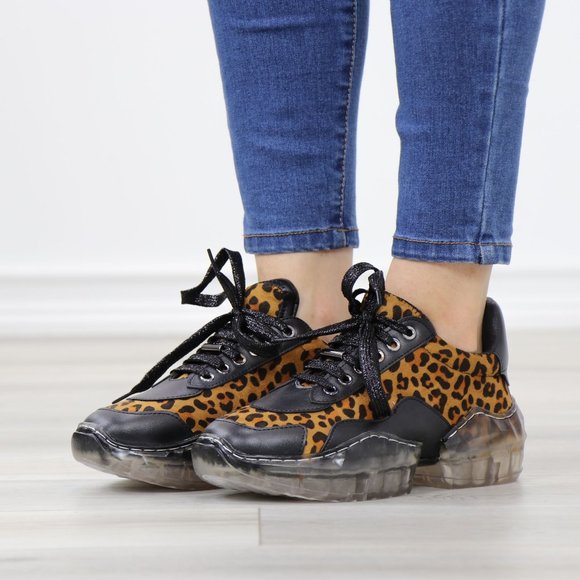 Animal Leopard Print Women's Fashion Chunky Heel Sneakers Shoes - Picture 12 of 15